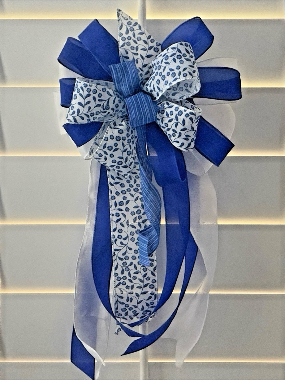 10" X 20" SPRING / SUMMER BLUE FLOWERED HANDMADE BOW FOR WREATH LANTERN DOOR